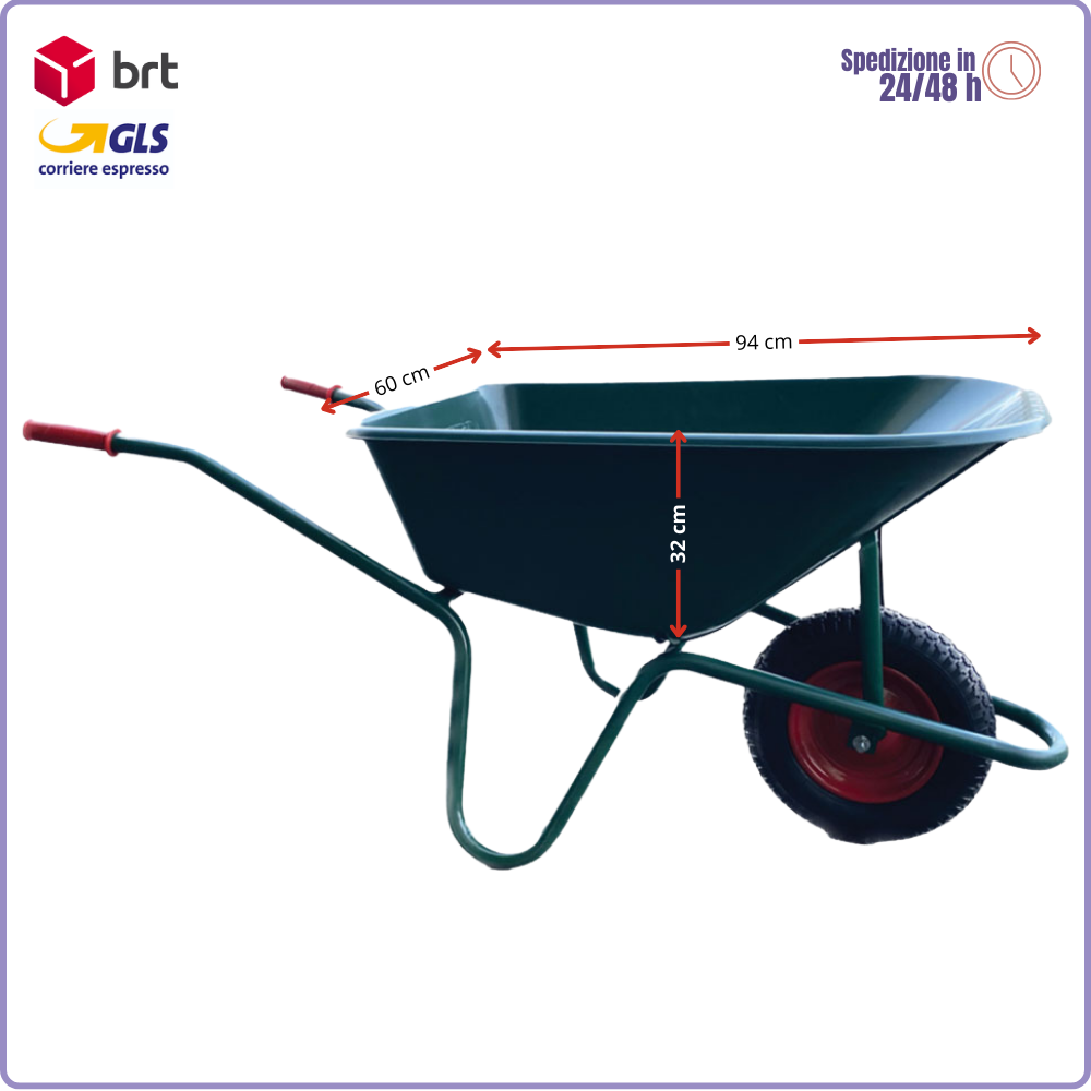 Carriola tubolare Garden con vasca in PVC verde, ruota in metallo e portata 100 kg