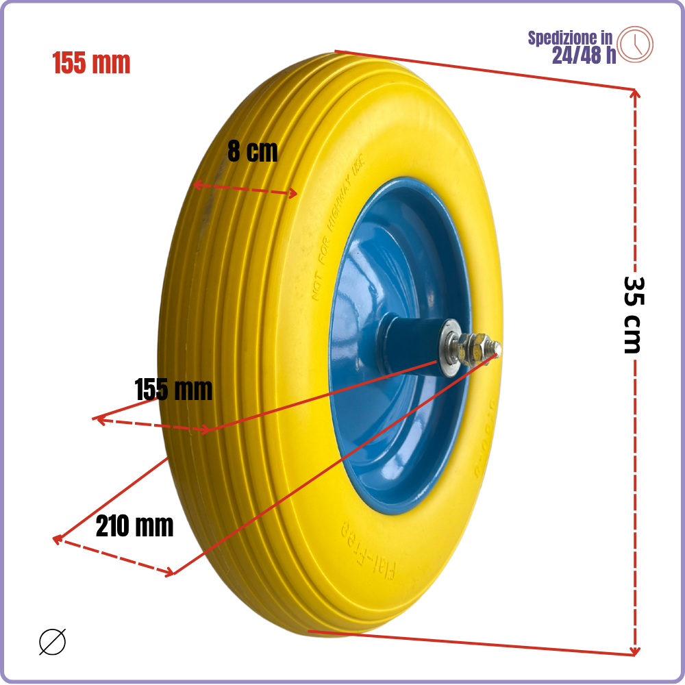 Polyurethane Wheelbarrow Wheel with Bearing – Ø 350 mm, 155 mm Center Distance, Long Pin