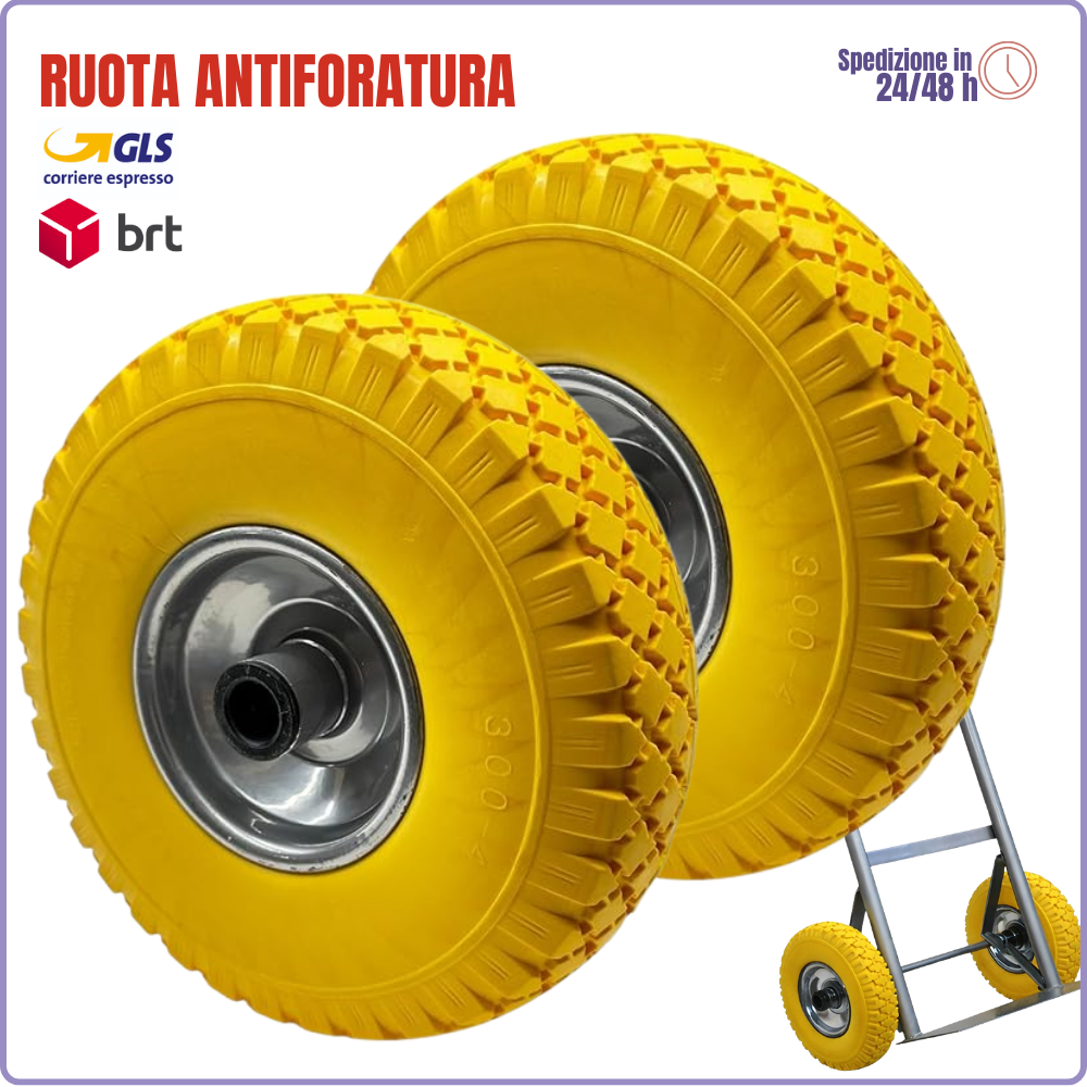 2 Ruote Poliuretaniche per Carrelli Ø 250 mm | Mozzo 72 mm | Disco Metallo