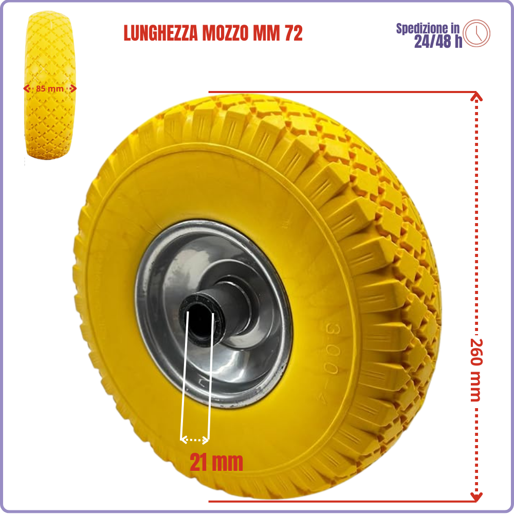 2 Ruote Poliuretaniche per Carrelli Ø 250 mm | Mozzo 72 mm | Disco Metallo