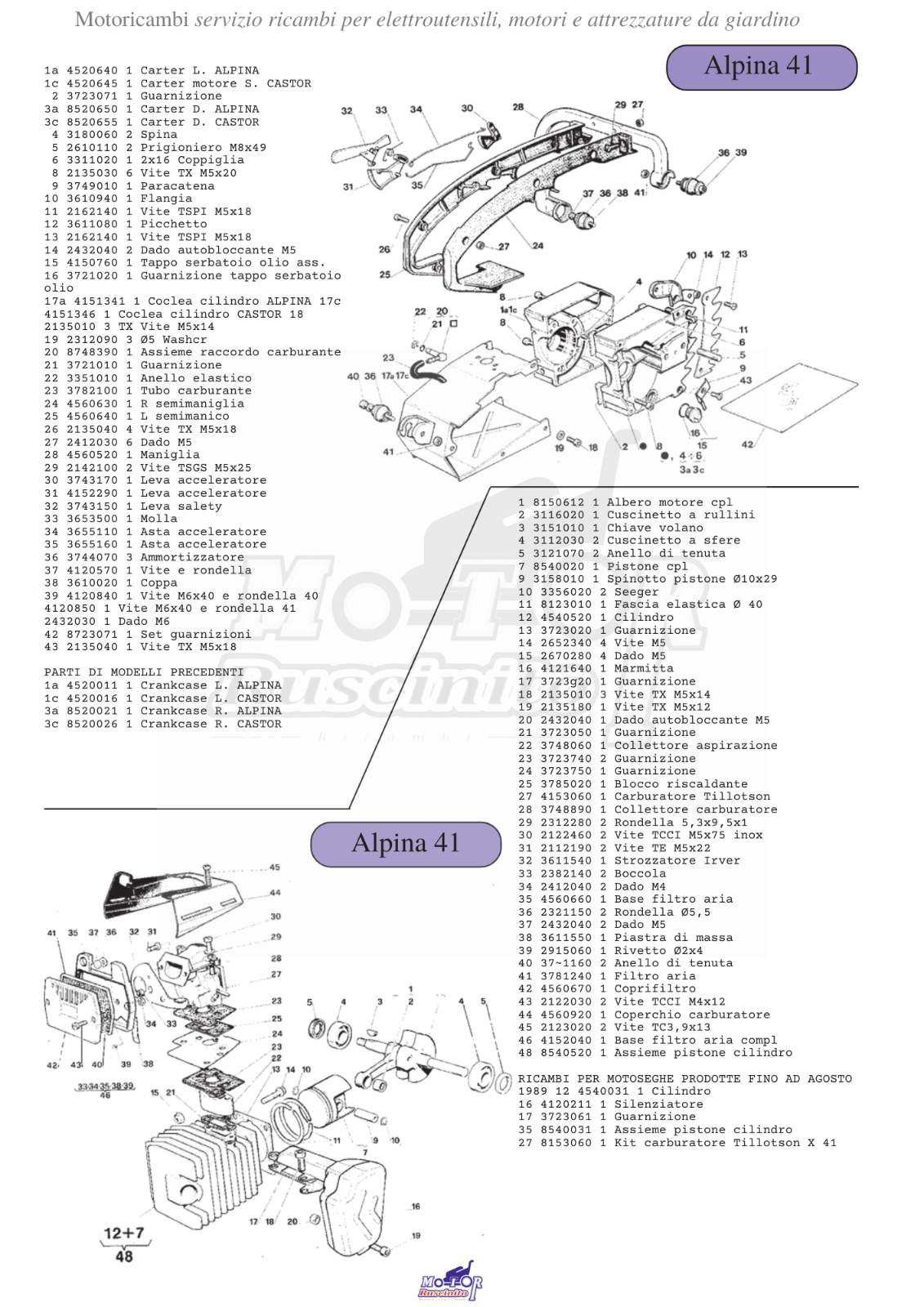 Vari ricambi usati per motosega ALPINA CASTOR prof 45 compatibile con A CP 41