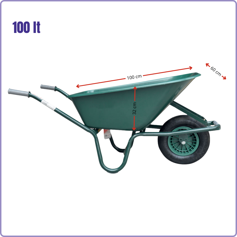 Carriola con vasca PVC 100 litri, telaio tubolare verniciato, ruota pneumatica