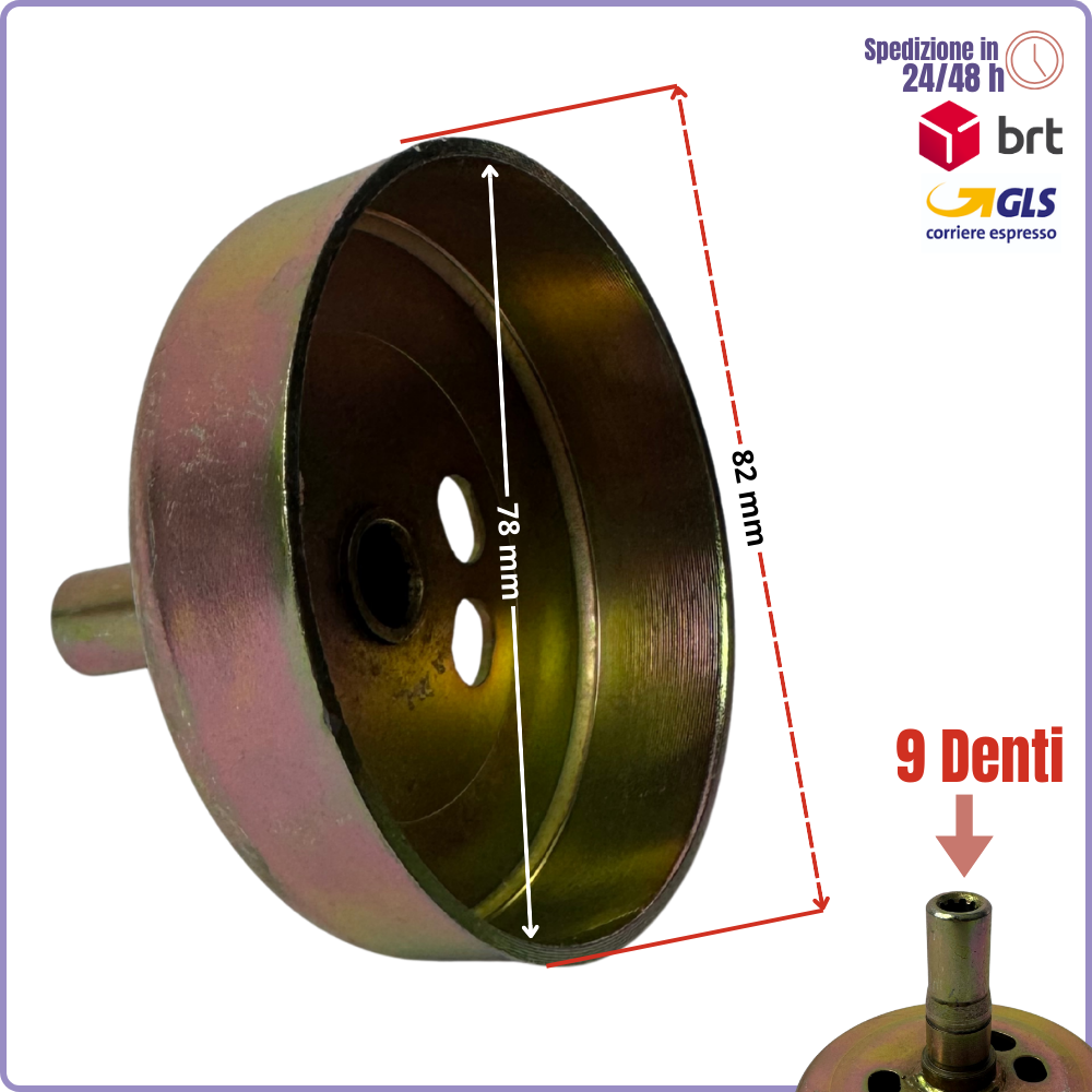 Campana Frizione 9 Denti per Decespugliatore 45cc–52cc | Innesto asta 9 denti | Ø int. 78 / Ø est. 82