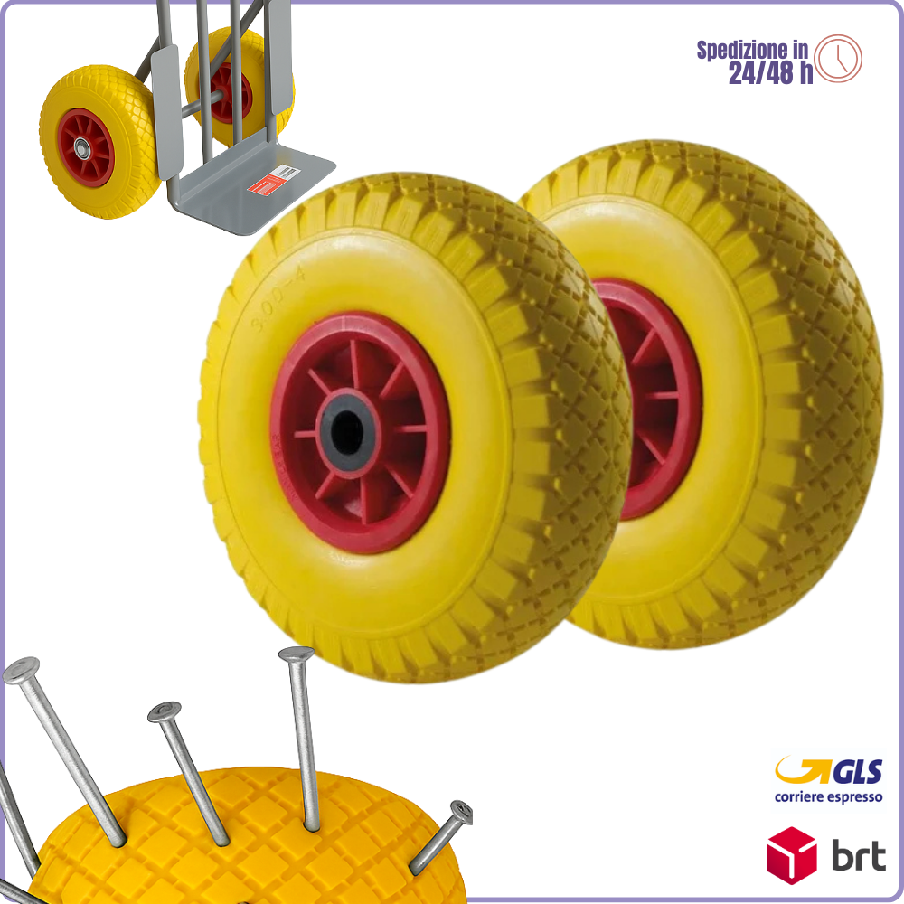 2 Ruota piena antiforatura in poliuretano 3.00-4 Ø 250 per carrello portapacchi
