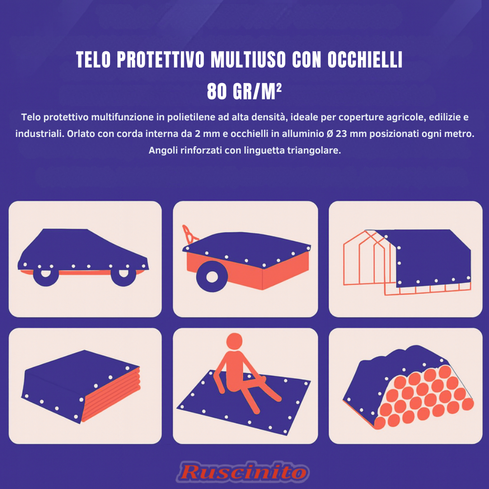 Tarpaulin with Eyelets – 80 gr/m², Reinforced, Various Sizes 3x2 3x4