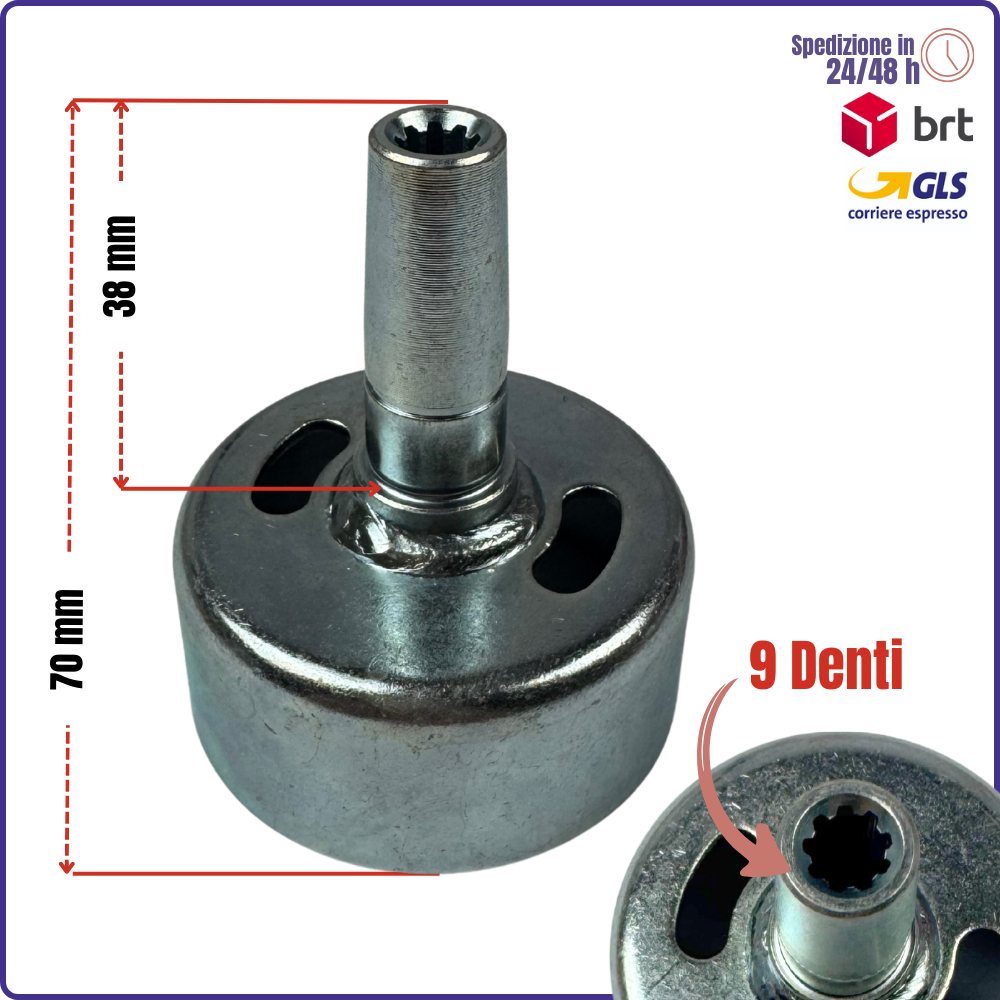 Campana Frizione 9 Denti per Decespugliatore 25cc–35cc | Innesto asta 9 denti | Ø int. 54 / Ø est. 58