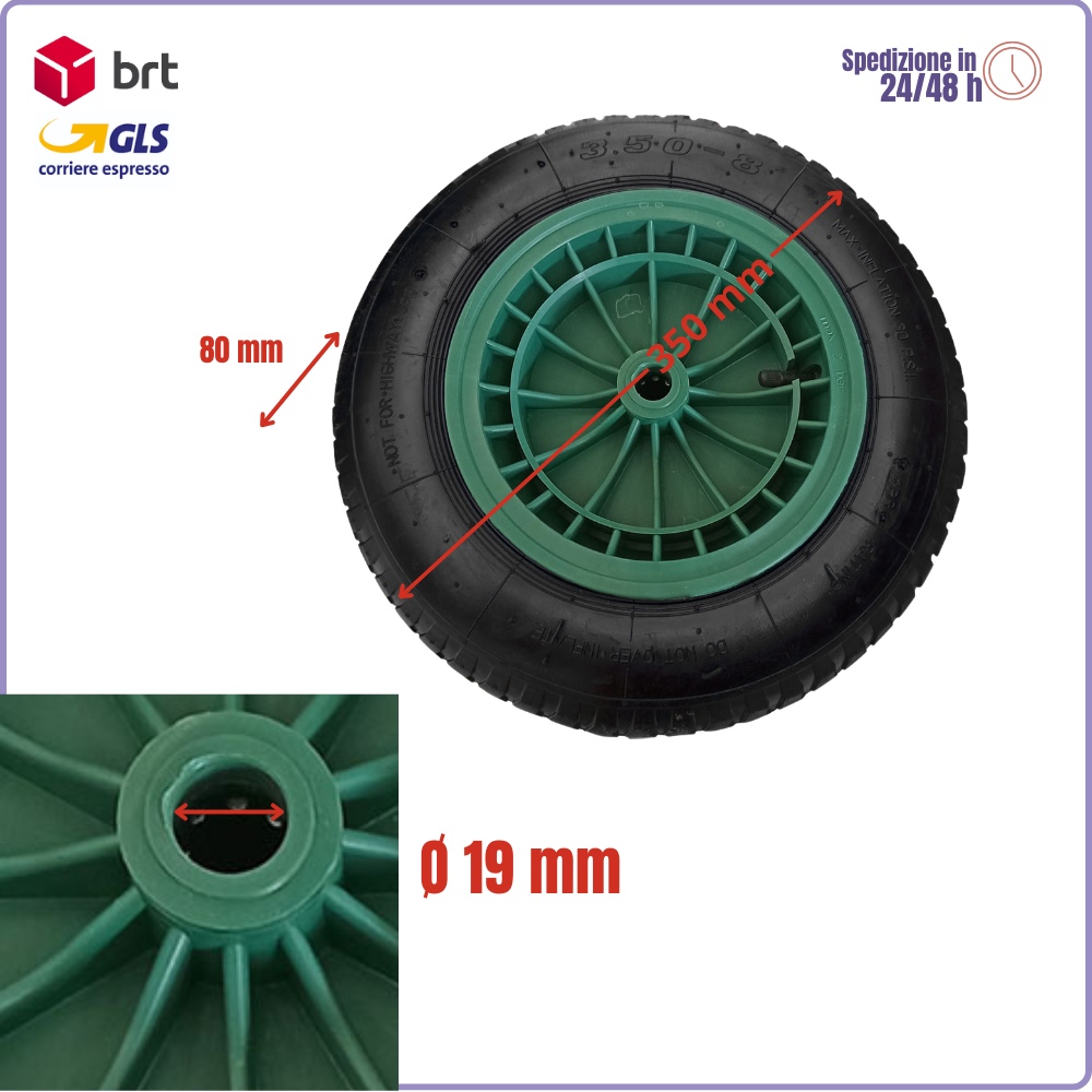 Ruota pneumatica 350x80 per carriola WILBY con disco in PVC asse 19 mm
