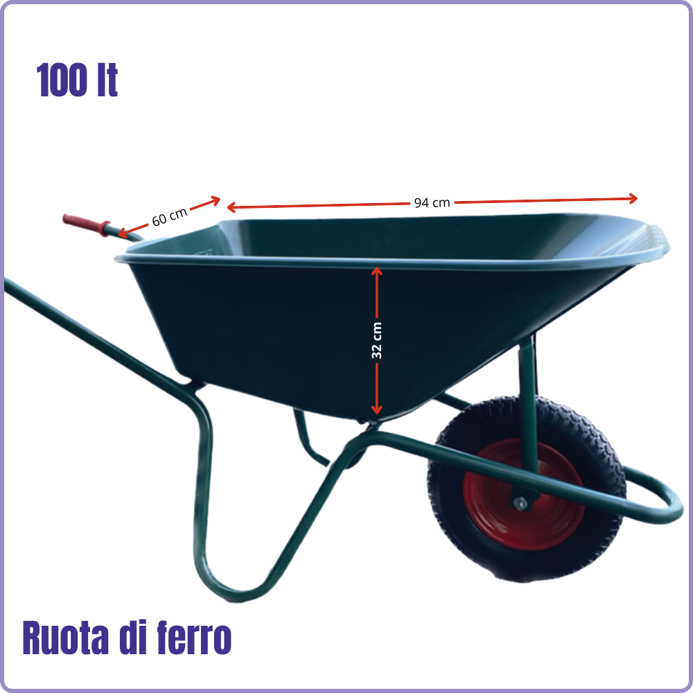 Carriola tubolare Garden con vasca in PVC verde, ruota in metallo e portata 100 kg