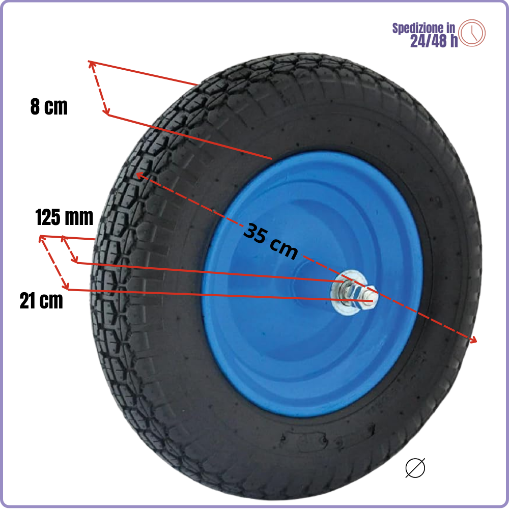 Rueda de carretilla con cámara de aire 35 cm con rodamientos – Distancia entre ejes 125 mm, con tacos