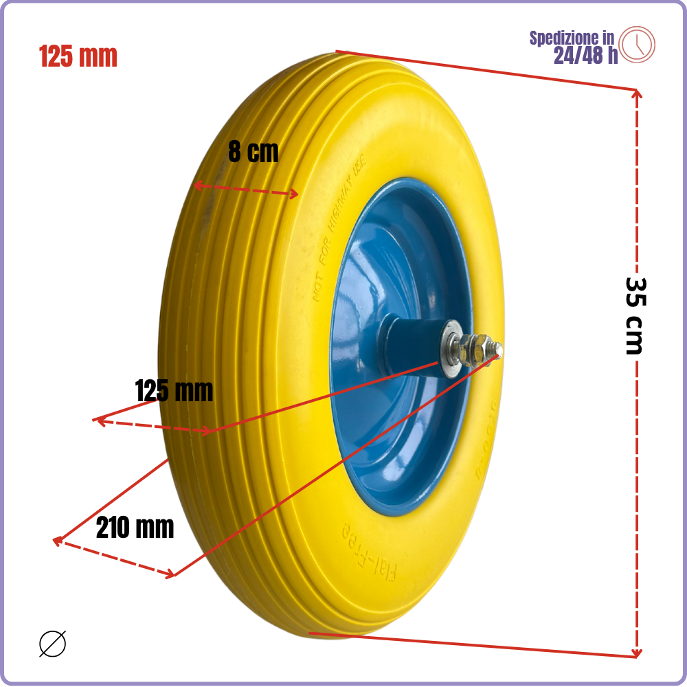 Rueda de poliuretano para carretilla con rodamiento – Ø 350 mm, distancia entre orificios 125 mm, eje corto