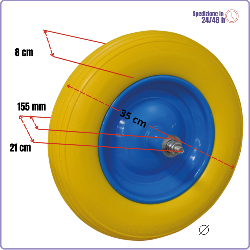 Ruota Poliuretanica per Carriola con Cuscinetto – Ø 350 mm, Interasse 155 mm, Perno Lungo