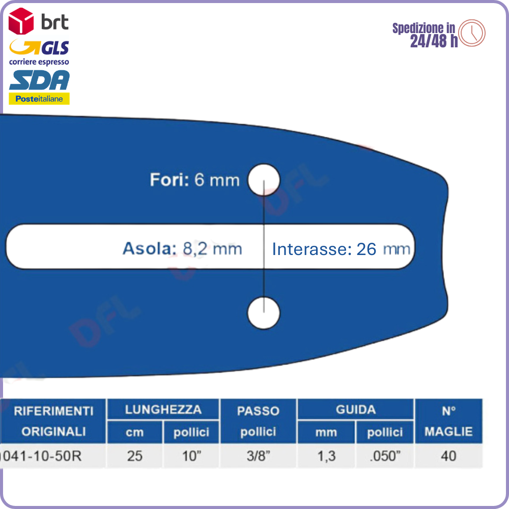 Barra Motosega Maya 041 – 25 cm, 3/8", 1,3 mm – 40 Maglie