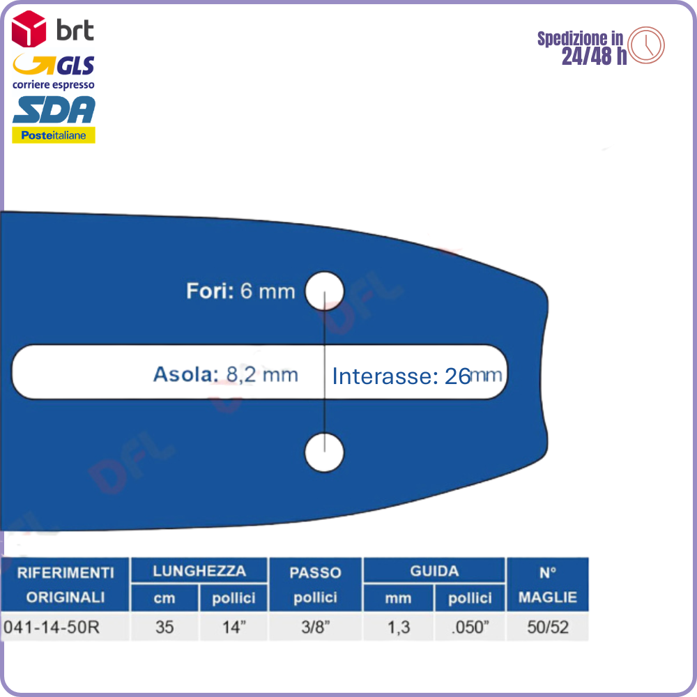 Barra Motosega Maya 041 – 35 cm, 3/8", 1,3 mm – 50/52 Maglie