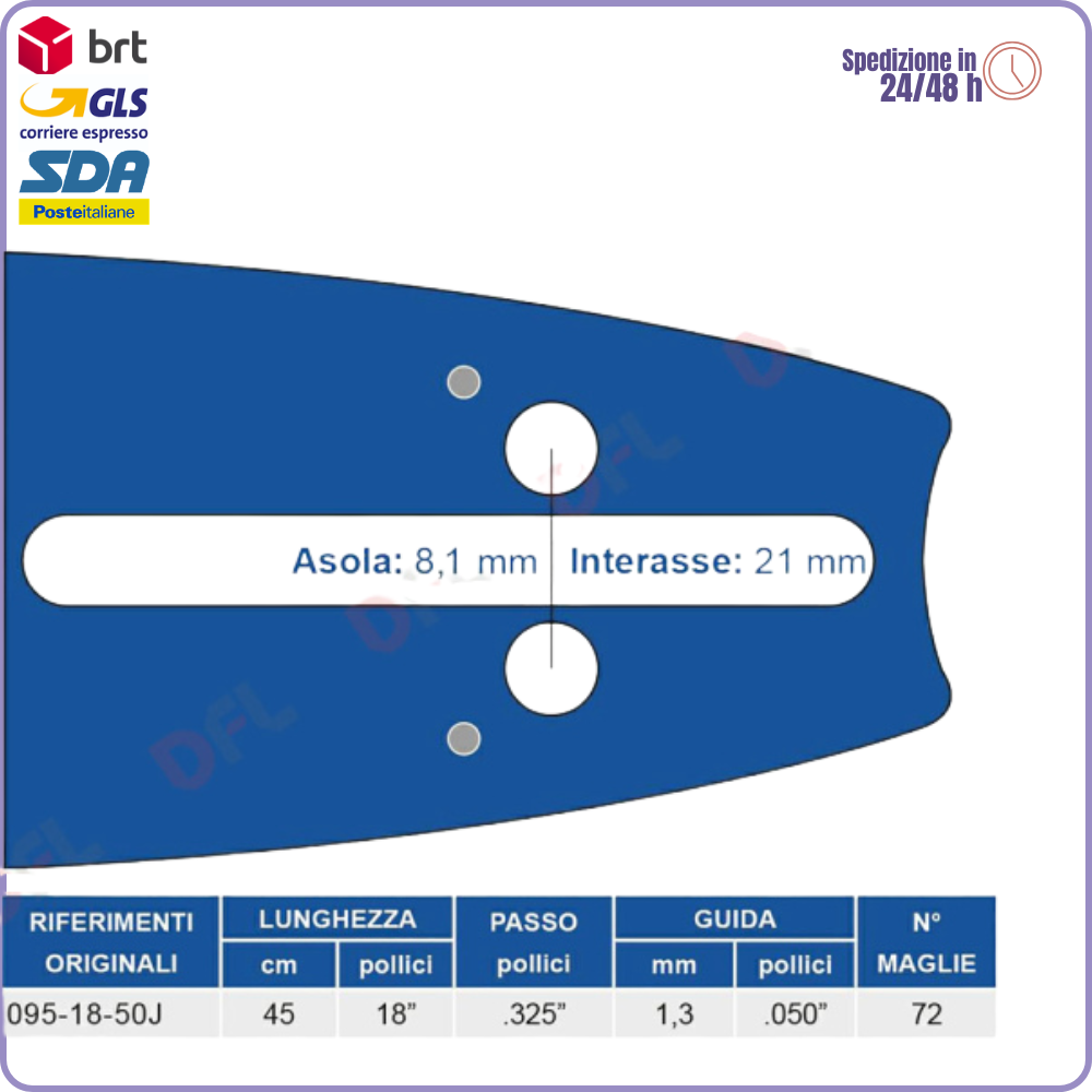 Barra Motosega Maya 095 – 45 cm, .325", 1,3 mm – 72 Maglie
