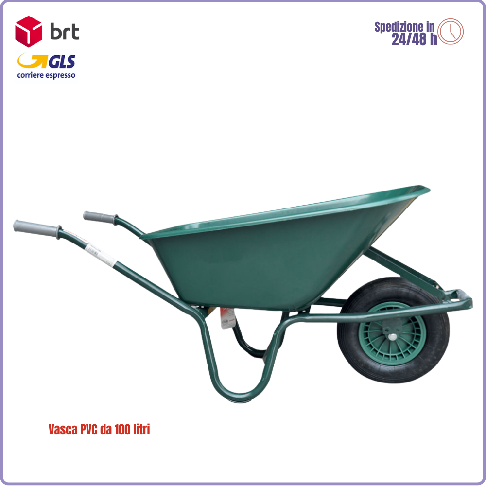 Carriola con vasca PVC 100 litri, telaio tubolare verniciato, ruota pneumatica