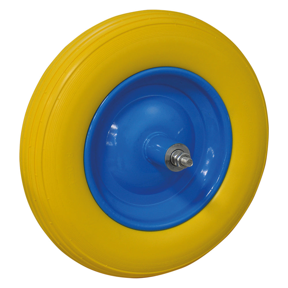 Rueda de poliuretano para carretilla con rodamiento – Ø 350 mm, distancia entre orificios 125 mm, eje corto